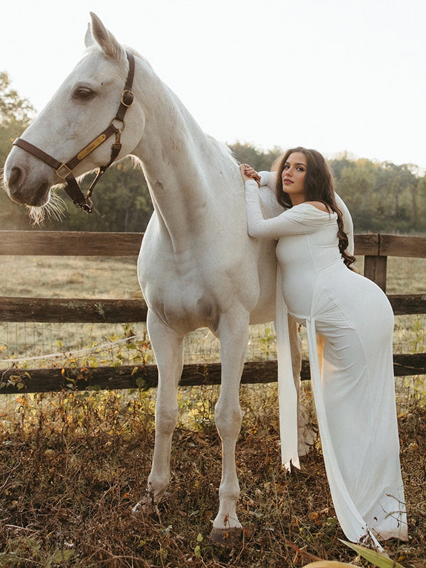 Mumsmode Zwangerschaps Maxi Fotoshoot Jurk Chique Off Shoulder Knooppunt Lintje Zijsplit