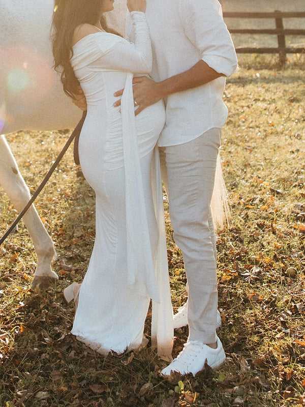 Mumsmode Zwangerschaps Maxi Fotoshoot Jurk Chique Off Shoulder Knooppunt Lintje Zijsplit