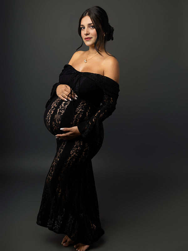 Mumsmode Zwangerschaps Maxi Fotoshoot Jurk Chique Elegant Off Shoulder Kanten Ruches Zeemeermin