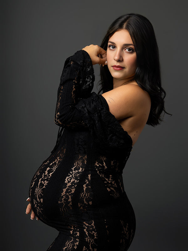 Mumsmode Zwangerschaps Maxi Fotoshoot Jurk Chique Elegant Off Shoulder Kanten Ruches Zeemeermin