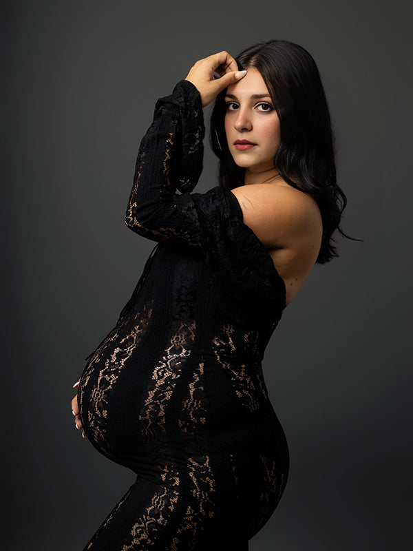 Mumsmode Zwangerschaps Maxi Fotoshoot Jurk Chique Elegant Off Shoulder Kanten Ruches Zeemeermin