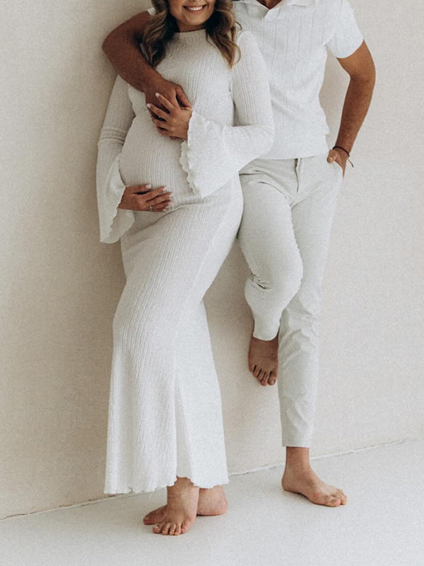 Mumsmode Zwangerschaps Maxi Fotoshoot Jurk Chique Elegant Bodycon Gekreukt Zeemeermin Flare Mouw