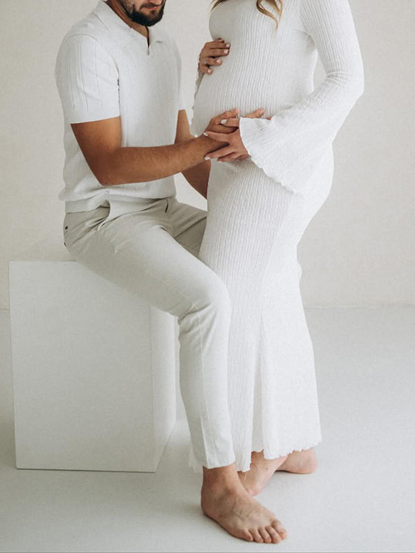 Mumsmode Zwangerschaps Maxi Fotoshoot Jurk Chique Elegant Bodycon Gekreukt Zeemeermin Flare Mouw