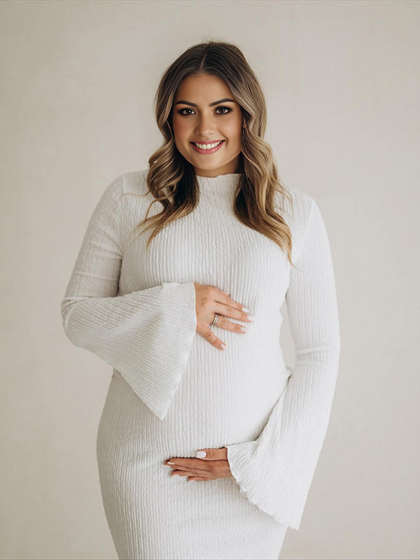 Mumsmode Zwangerschaps Maxi Fotoshoot Jurk Chique Elegant Bodycon Gekreukt Zeemeermin Flare Mouw