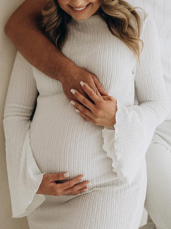 Mumsmode Zwangerschaps Maxi Fotoshoot Jurk Chique Elegant Bodycon Gekreukt Zeemeermin Flare Mouw