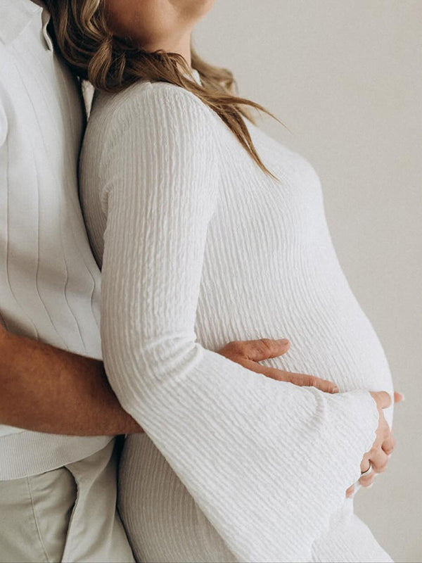 Mumsmode Zwangerschaps Maxi Fotoshoot Jurk Chique Elegant Bodycon Gekreukt Zeemeermin Flare Mouw