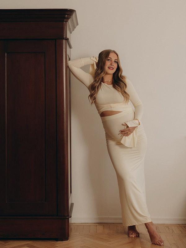 Mumsmode Zwangerschaps Maxi Bodycon Jurk Fotoshoot Chique Feest 2-in-1 Ruches Onregelmatig