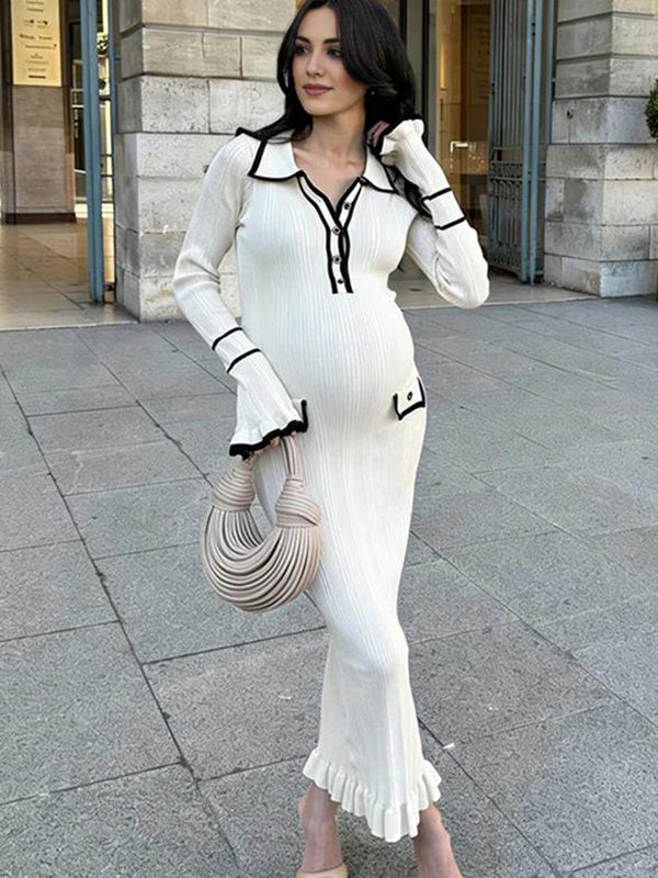 Mumsmode Zwangerschaps Maxi Bodycon Jurk Elegant Werk Ruches Enkele Borst Zakken