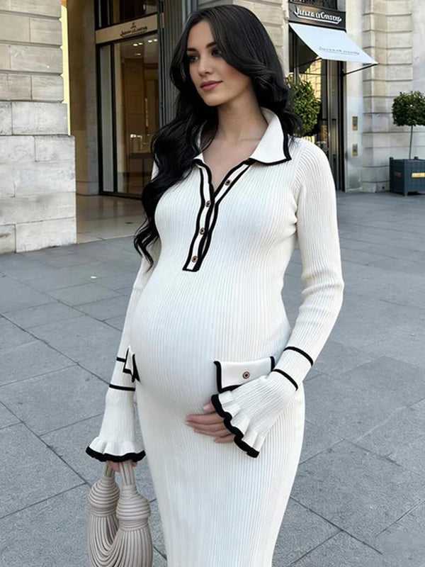 Mumsmode Zwangerschaps Maxi Bodycon Jurk Elegant Werk Ruches Enkele Borst Zakken