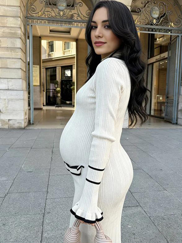 Mumsmode Zwangerschaps Maxi Bodycon Jurk Elegant Werk Ruches Enkele Borst Zakken