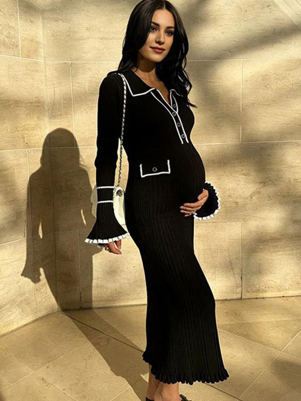 Mumsmode Zwangerschaps Maxi Bodycon Jurk Elegant Werk Ruches Enkele Borst Zakken