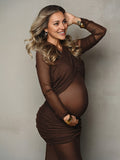 Mumsmode Zwangerschaps Fotoshoot Jurken Elegant Tule Transparant Gekreukt Bodycon Maxi Jurken