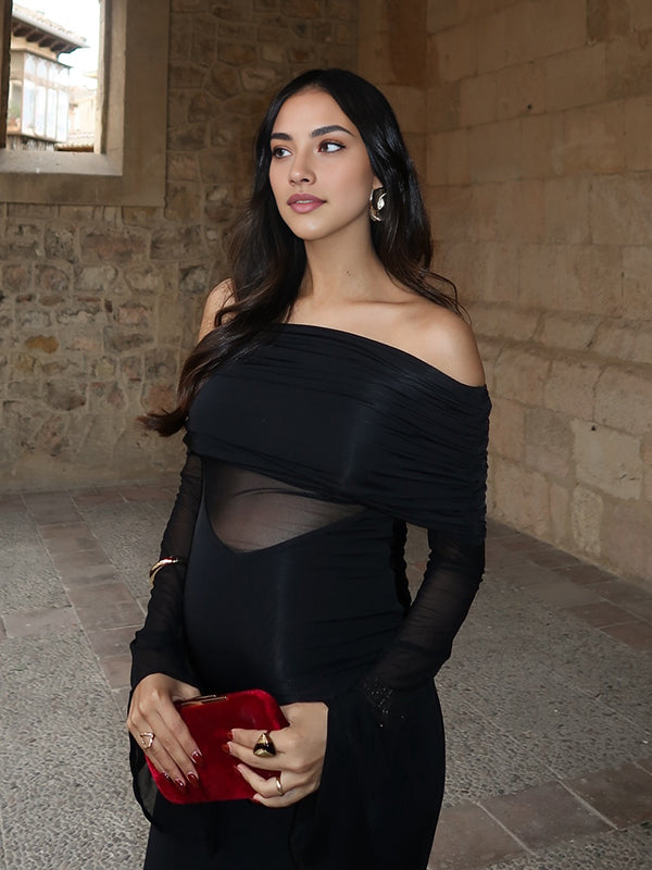 Mumsmode Zwangerschaps Maxi Bodycon Jurk Chique Cocktail Off Shoulder Tule Patchwork Transparant Flare Mouw