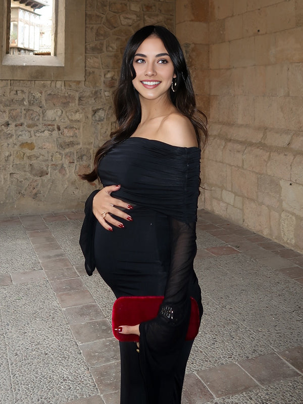 Mumsmode Zwangerschaps Maxi Bodycon Jurk Chique Cocktail Off Shoulder Tule Patchwork Transparant Flare Mouw