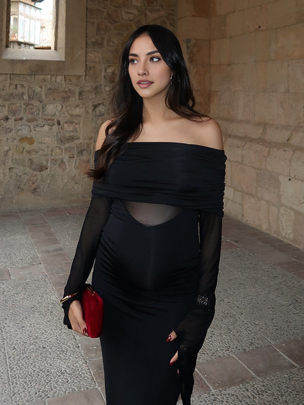 Mumsmode Zwangerschaps Maxi Bodycon Jurk Chique Cocktail Off Shoulder Tule Patchwork Transparant Flare Mouw
