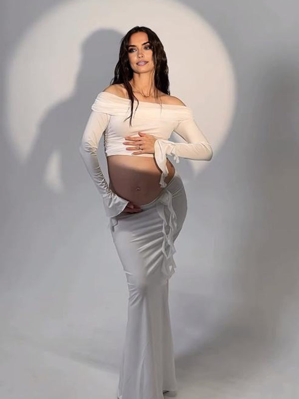 Mumsmode Zwangerschaps Maxi Fotoshoot Jurk Chique Cocktail 2-in-1 Ruches Bloemen Off Shoulder Bodycon