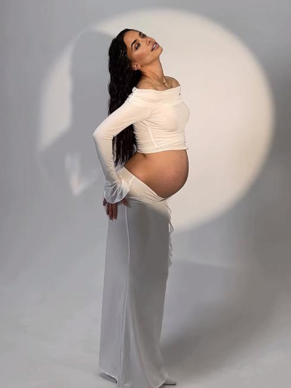 Mumsmode Zwangerschaps Maxi Fotoshoot Jurk Chique Cocktail 2-in-1 Ruches Bloemen Off Shoulder Bodycon