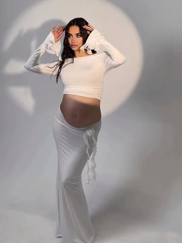 Mumsmode Zwangerschaps Maxi Fotoshoot Jurk Chique Cocktail 2-in-1 Ruches Bloemen Off Shoulder Bodycon