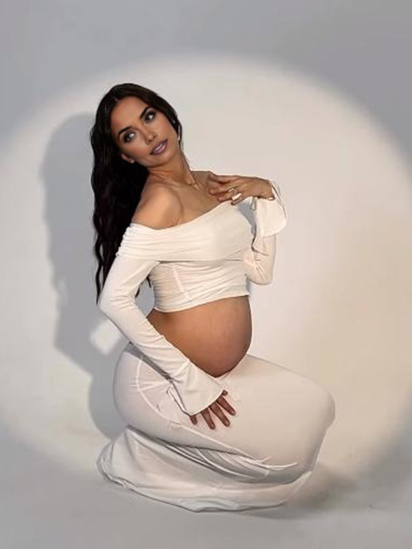 Mumsmode Zwangerschaps Maxi Fotoshoot Jurk Chique Cocktail 2-in-1 Ruches Bloemen Off Shoulder Bodycon