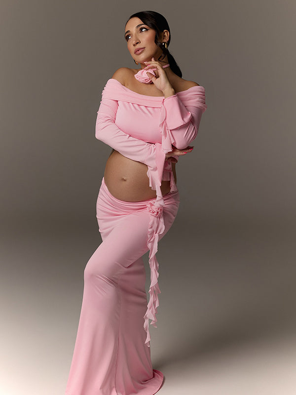 Mumsmode Zwangerschaps Maxi Fotoshoot Jurk Chique Cocktail 2-in-1 Ruches Bloemen Off Shoulder Bodycon