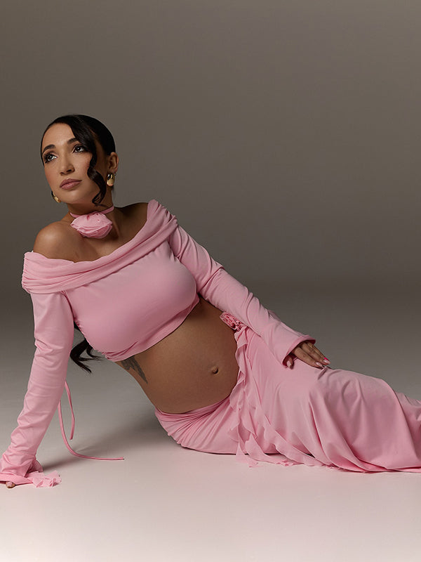 Mumsmode Zwangerschaps Maxi Fotoshoot Jurk Chique Cocktail 2-in-1 Ruches Bloemen Off Shoulder Bodycon