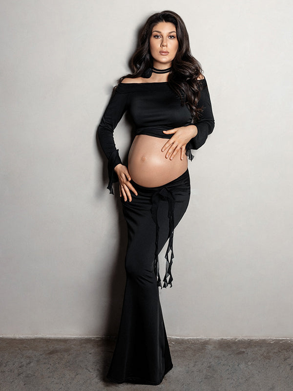 Mumsmode Zwangerschaps Maxi Fotoshoot Jurk Chique Cocktail 2-in-1 Ruches Bloemen Off Shoulder Bodycon