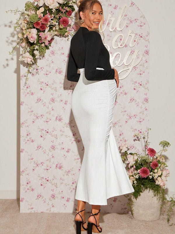 Mumsmode Zwangerschaps Maxi Bodycon Jurk Elegant Kleurblok Gekreukt Zeemeermin Cocktail