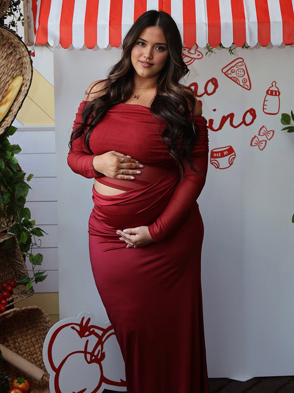 Mumsmode Zwangerschaps Maxi Bodycon Jurk Elegant Off Shoulder Tule Patchwork Ceremonie