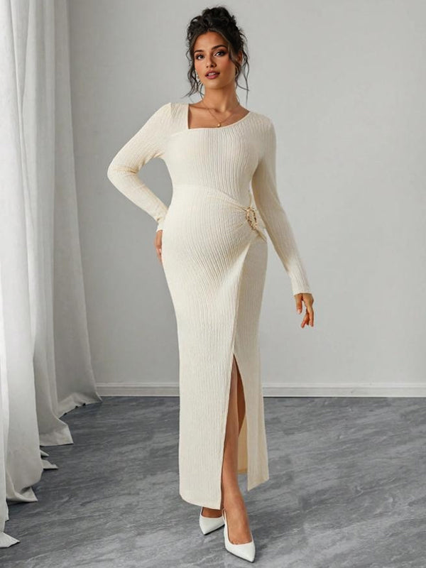 Mumsmode Zwangerschaps Maxi Bodycon Jurk Elegant Cocktail Zijsplit Bezet Onregelmatige Kraag