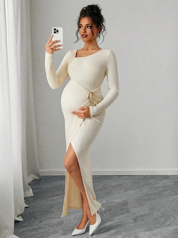 Mumsmode Zwangerschaps Maxi Bodycon Jurk Elegant Cocktail Zijsplit Bezet Onregelmatige Kraag