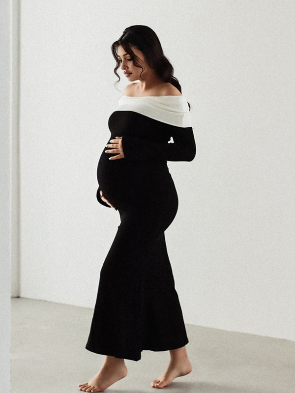 Mumsmode Zwangerschaps Maxi Fotoshoot Jurk Chique Cocktail Kleurblok Off Shoulder Knooppunt Bodycon