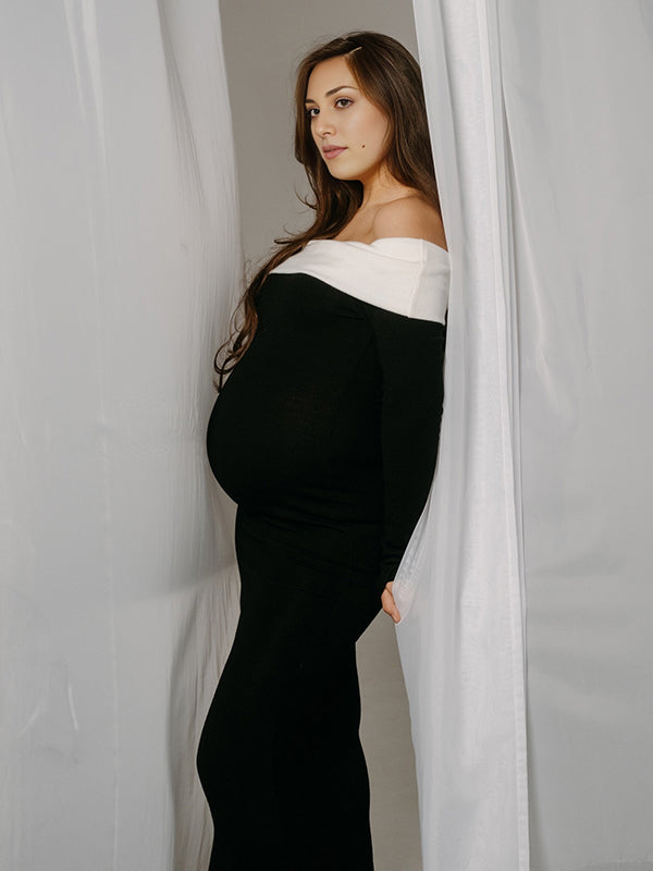Mumsmode Zwangerschaps Maxi Fotoshoot Jurk Chique Cocktail Kleurblok Off Shoulder Knooppunt Bodycon
