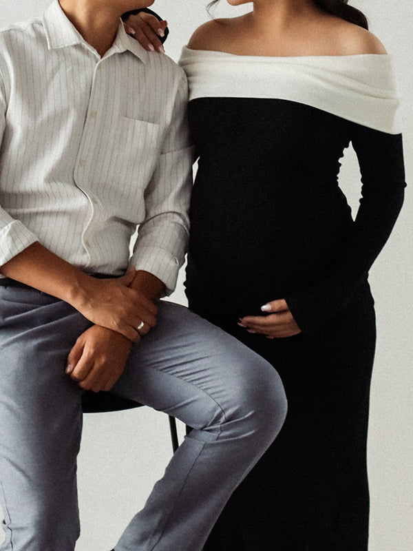 Mumsmode Zwangerschaps Maxi Fotoshoot Jurk Chique Cocktail Kleurblok Off Shoulder Knooppunt Bodycon