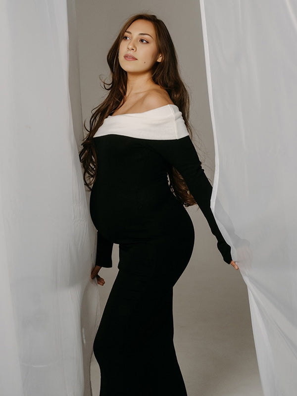 Mumsmode Zwangerschaps Maxi Fotoshoot Jurk Chique Cocktail Kleurblok Off Shoulder Knooppunt Bodycon