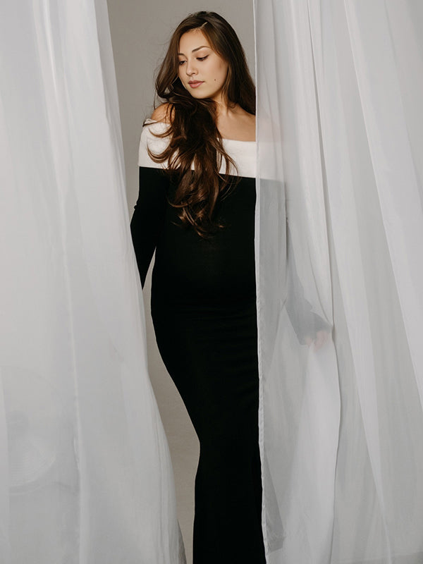 Mumsmode Zwangerschaps Maxi Fotoshoot Jurk Chique Cocktail Kleurblok Off Shoulder Knooppunt Bodycon