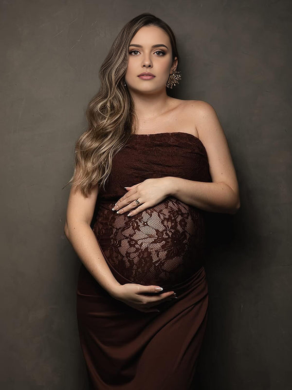 Mumsmode Zwangerschaps Maxi Fotoshoot Jurk Chique Feest Kanten Patchwork Onregelmatige Kraag Transperent