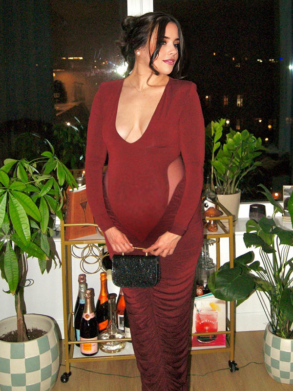 Mumsmode Zwangerschaps Maxi Bodycon Jurk Chique Cocktail Gekreukt Tule Transperent