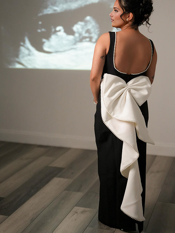 Mumsmode Zwangerschaps Maxi Bodycon Jurk Chique Ceremonie Rugloos Parel Vlinderdas