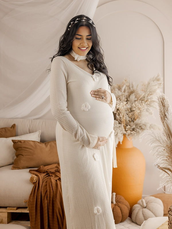 Mumsmode Zwangerchaps Maxi Fotoshoot Jurken Elegant Appliques Breien V-hals Beige