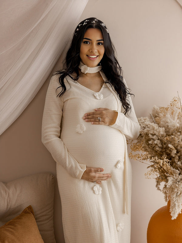 Mumsmode Zwangerchaps Maxi Fotoshoot Jurken Elegant Appliques Breien V-hals Beige