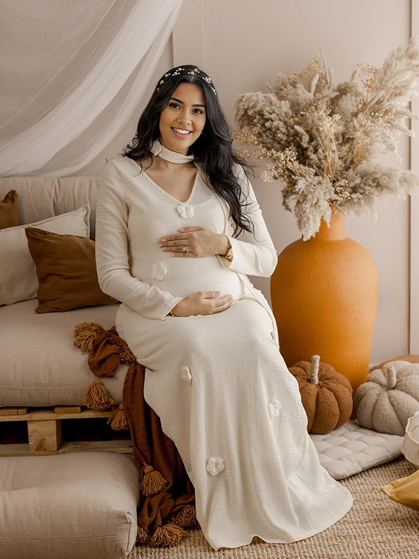 Mumsmode Zwangerchaps Maxi Fotoshoot Jurken Elegant Appliques Breien V-hals Beige