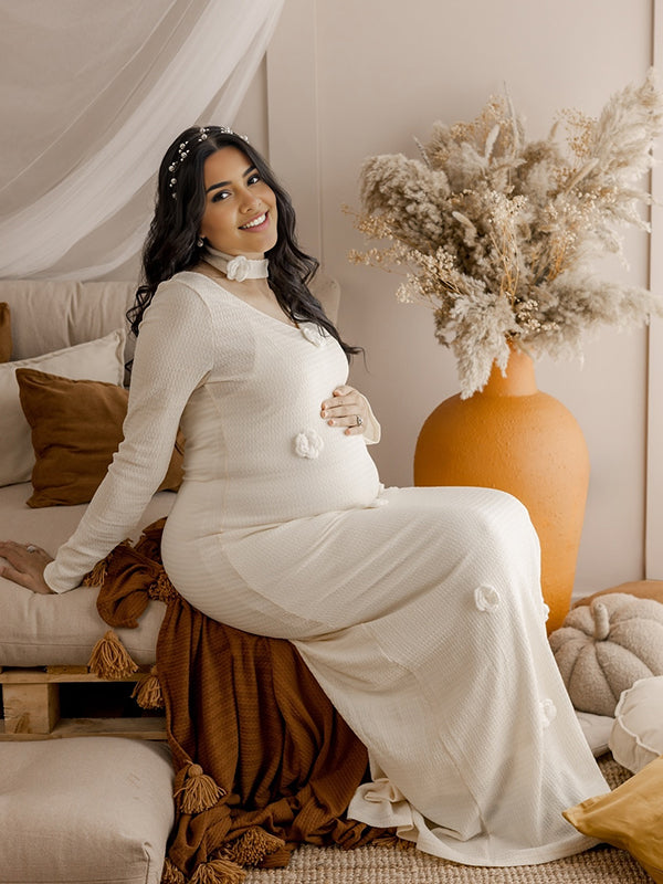 Mumsmode Zwangerchaps Maxi Fotoshoot Jurken Elegant Appliques Breien V-hals Beige