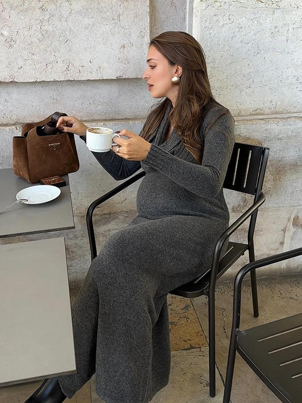 Mumsmode Zwangerchaps Maxi Trui Jurken Elegant Zijsplit Breien Ruches Kraag Lange Mouw Grijs
