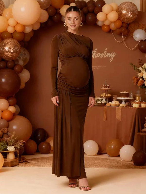 Mumsmode Zwangerschaps Maxi Bodycon Jurk Chique Babyshower Gekreukt Gedrapeerd