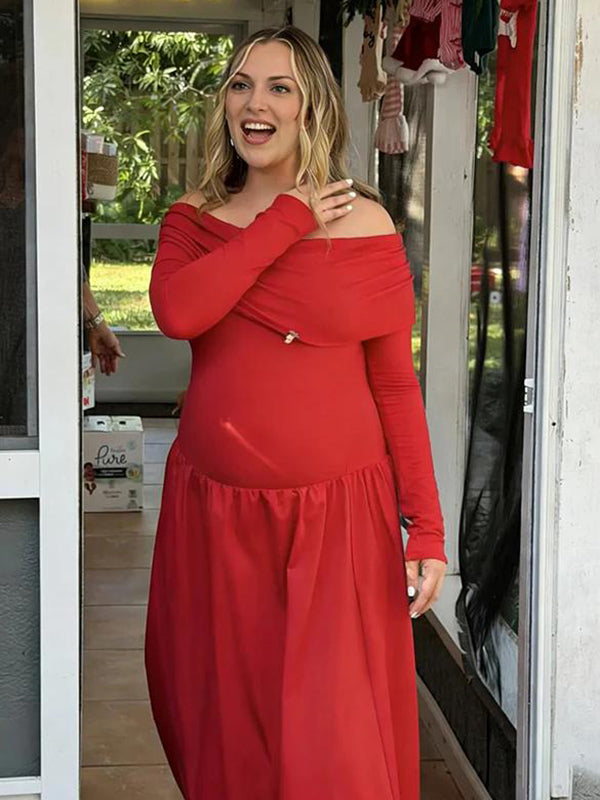 Mumsmode Zwangerschaps Maxi Bodycon Jurk Chique Ceremonie Off Shoulder Gedrapeerd