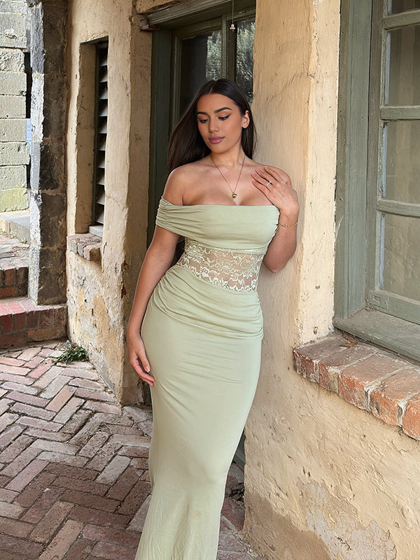 Mumsmode Chique Cocktail Feest Patchwork Kanten Off Shoulder Zeemeermin Bodycon Maxi Jurk