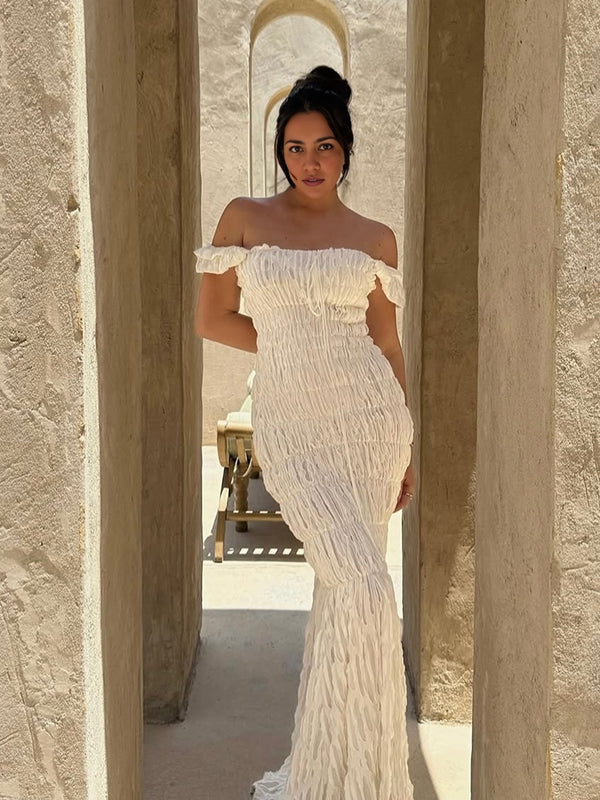 Mumsmode Elegant Chique Vakantie Ceremonie Ripped Off Shoulder Bodycon Zeemeermin Maxi Jurk