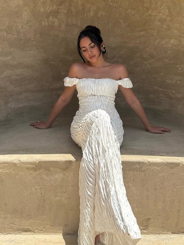 Mumsmode Elegant Chique Vakantie Ceremonie Ripped Off Shoulder Bodycon Zeemeermin Maxi Jurk