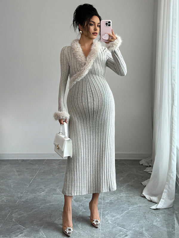 Mumsmode Zwangerschaps Maxi Cocktailjurk Chique Elegant Patchwork Veerkracht Harig Gestreept