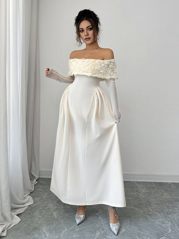 Mumsmode Zwangerschaps Maxi Cocktailjurk Chique Elegant Off Shoulder 3D Bloemen Trapeze